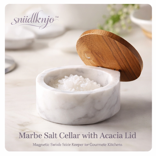 sniidlknjo™ Marble Salt Cellar with Acacia Lid – Magnetic Swivel Spice Keeper for Gourmet Kitchens