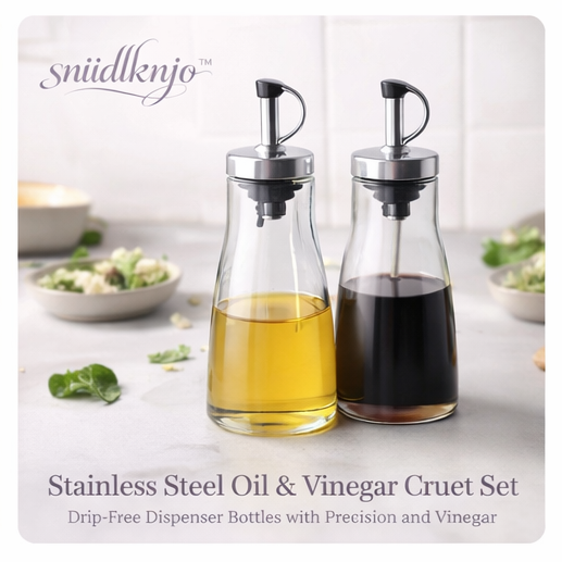 sniidlknjo™ Stainless Steel Oil & Vinegar Cruet Set – Drip-Free Dispenser Bottles with Precision Pour Spouts