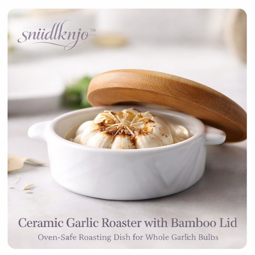 sniidlknjo™ Ceramic Garlic Roaster with Bamboo Lid – Oven-Safe Roasting Dish for Whole Garlic Bulbs